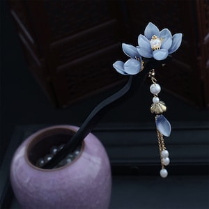 Blue Glazed Wood Hairpin, Magnolia Flower Hairpin, Women'S Hair Stick, Vintage Flower Hair Fork, Hanfu Tassel Hair Forks, Hair Accessories