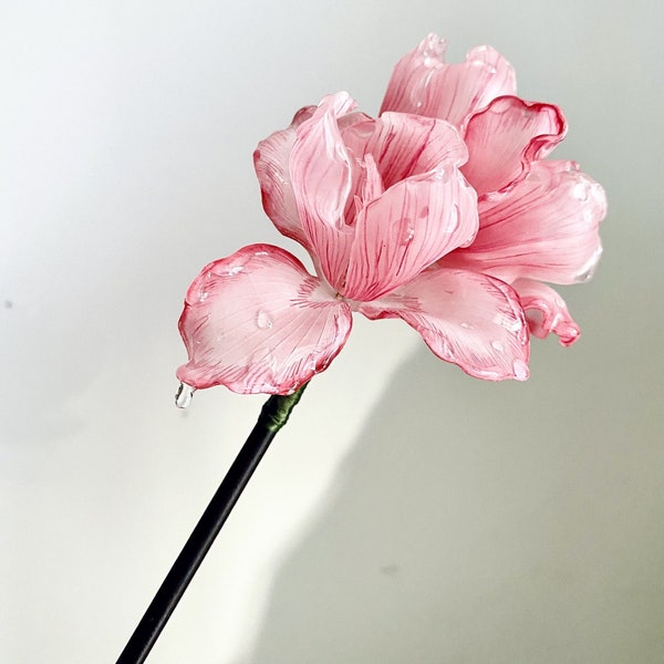 Pink Iris Hairpin, Vintage Flower Wood Hairpin, Handmade Flower Hairpin, Women Hair Stick, Hanfu Hairpin, Hair Fork, Hanfu Hair Accessories