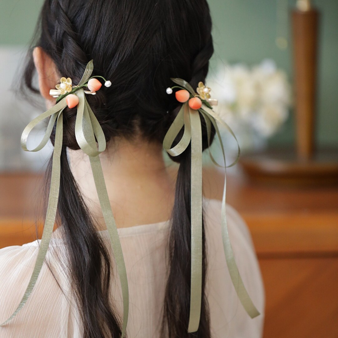 Cute Peach Hair Clip, Bow Hair Clip, Flower Ribbon Hair Clip, Pearl