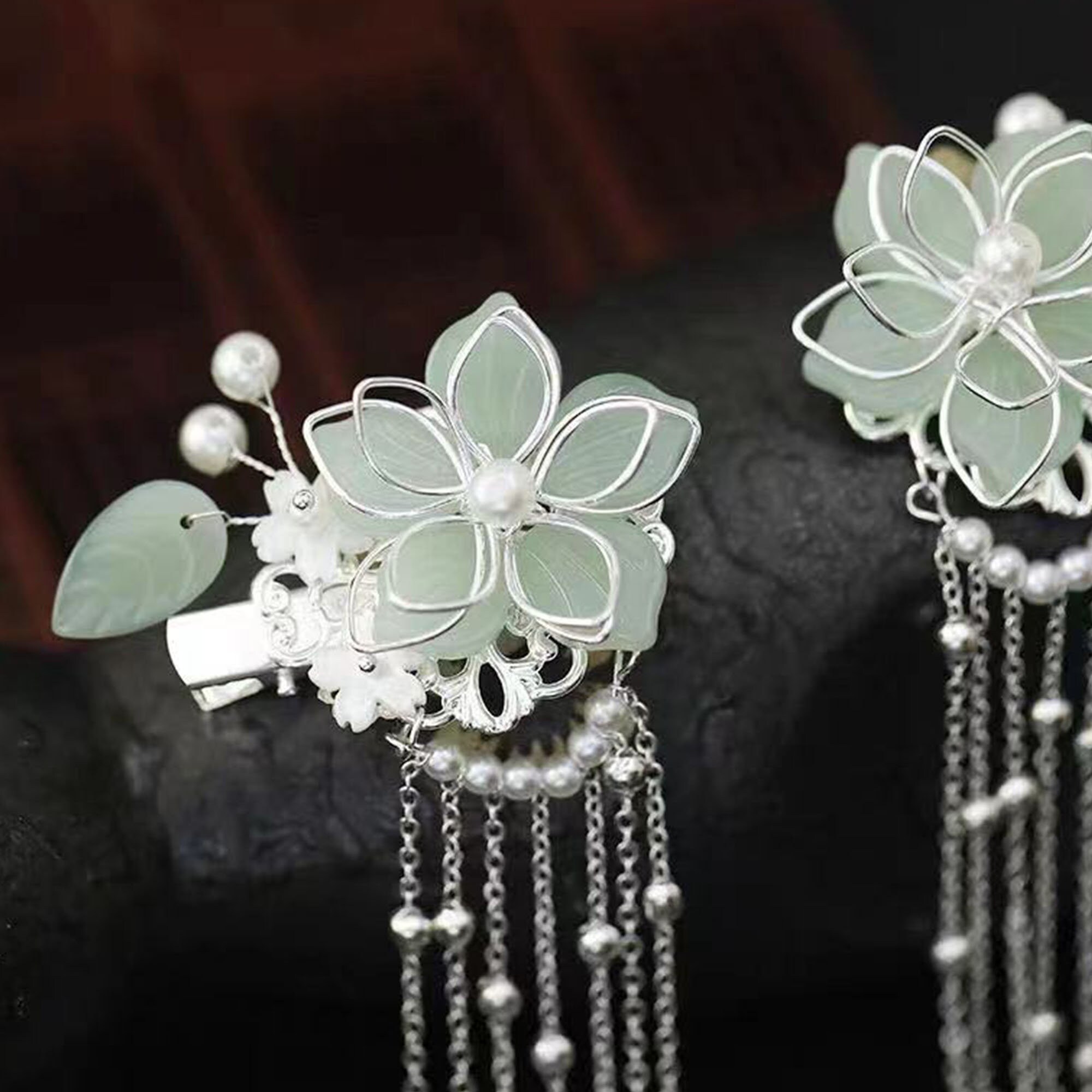 3pc/set Green Glass Hairpin Flower Hairpin Tassel Hair Fork Etsy