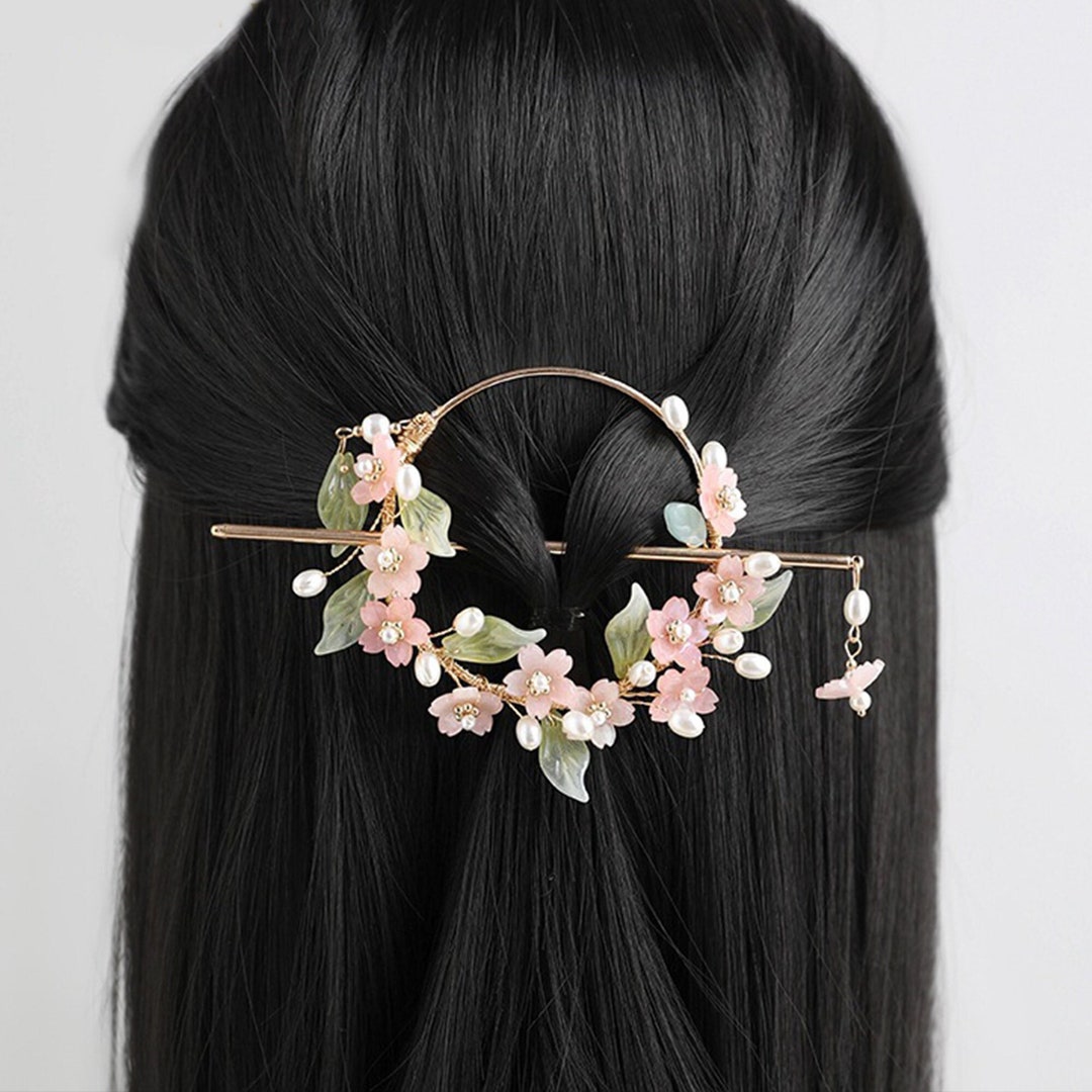 Pink Flower Hairpin, Vintage Flower Hair Ring Hairpin, Women Daily Hair ...