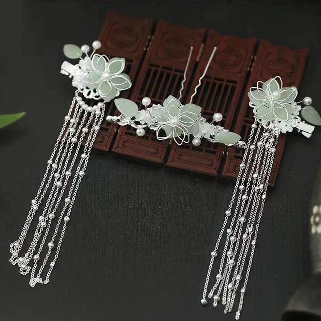 3pc/set Green Glass Hairpin, Flower Hairpin, Tassel Hair Fork, Hanfu