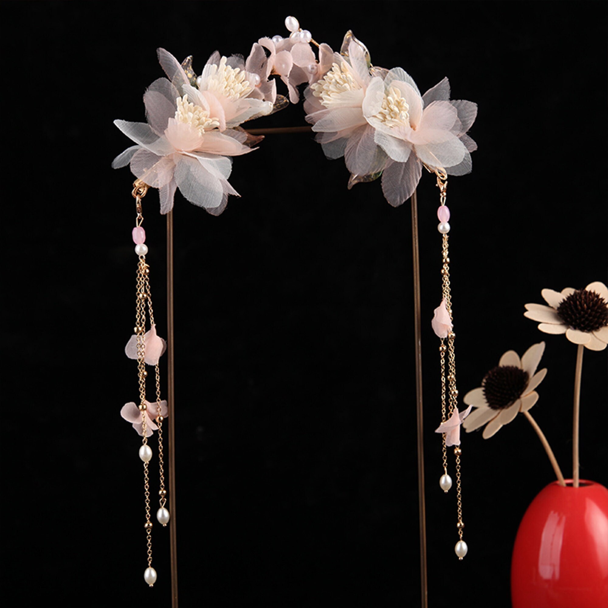 2pc Pink Flower Hair Clip Hanfu Hair Accessories Retro Hair Clip