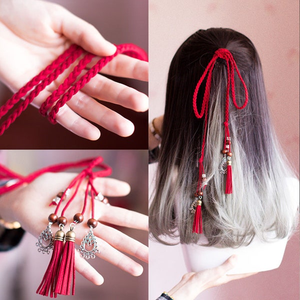 Retro roter Kopf Seil, antikes Haarband, Retro Luftschlange, Damen Haar Seil, Hanfu Haar Seil, Quaste Haar Seil, Anhänger Haarschmuck