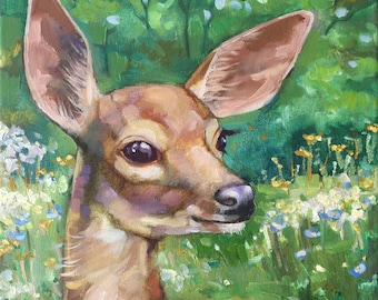Ciervos en el bosque, Arte de la pared, Impresión de pintura al óleo original, Retrato de ciervos, Cervatillo del bosque, Animal del bosque, Decoración del hogar
