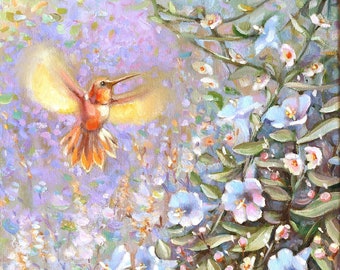 Colibri et fleurs, art mural, impression d'art à partir d'une peinture à l'huile originale, oiseau qui vole dans un pré de fleurs, art oiseau, décoration d'intérieur