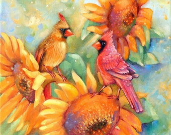 Sunflowers and Cardinals, Cardinal couple, Bird Family, Oil Painting, Art Print, Wall art, Home decor, Two cardinals in sunflower field