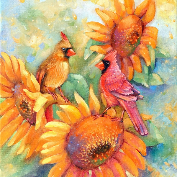 SUNFLOWERS and CARDINAL BIRDS - Bird Art, Cardinal couple, Oil Painting, Art Prints