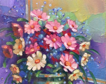 Daisies, Flowers in glass vase, Wall art, Print from original oil painting, Home decor, Cute gift for woman