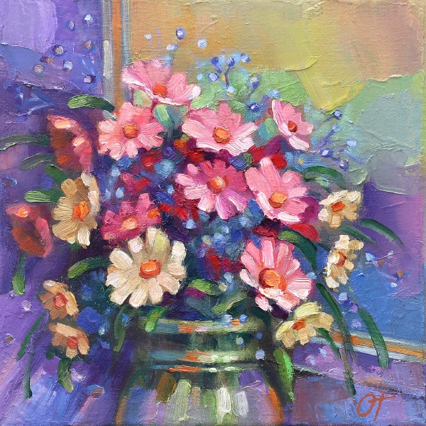 Daisies, Flowers in glass vase, Wall art, Print from original oil painting, Home decor, Cute gift for her