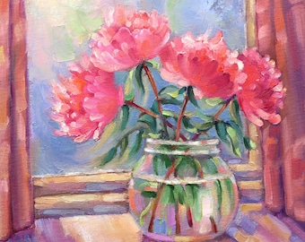 Pink peonies, Home decor, Art Print from original oil painting, Wall decor, Pink flowers in glass vase, Wall art
