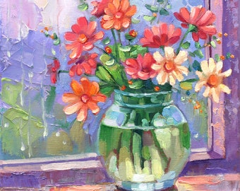Daisies, Flowers in glass vase, Wall art, Print from original oil painting, Home decor, Cute gift for women