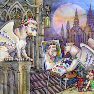 Griffin, Fantasy Kunst Druck von original Aquarellmalerei, Gothic Schloss, Portraitmalerei, Wohndeko