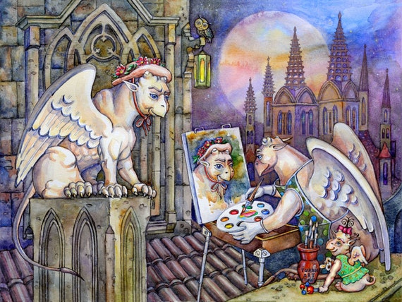 Griffin, Wall art, Fantasy art print of original Watercolor painting, Gothic style castle, Portrait painting, Home decor