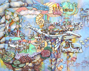 May include: A whimsical painting depicting a colorful underwater scene with a restaurant called "Sea Star" and a whale-shaped vehicle. The painting features a variety of sea creatures, including fish, jellyfish, and a large clam. The restaurant has a sign that reads "Restaurant Sea Star" and is located on a rock formation. The whale-shaped vehicle is flying through the air and has a sign that reads "Donut".