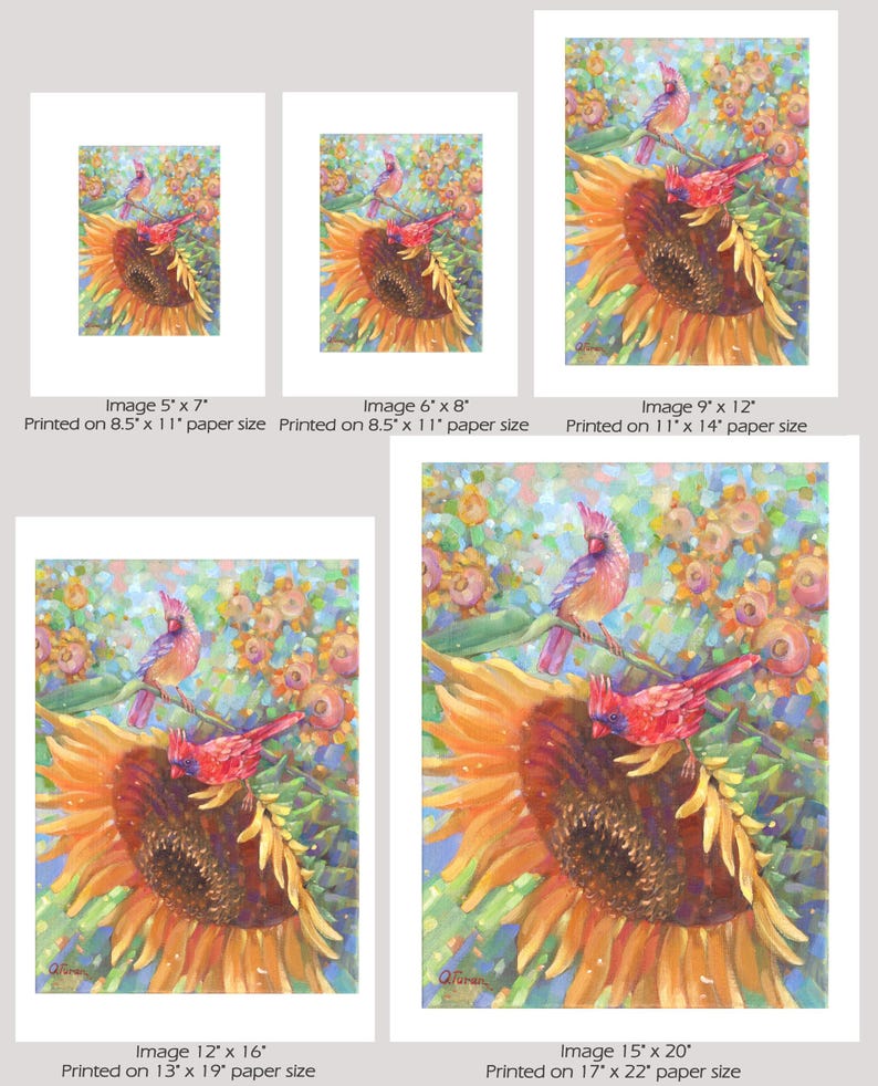 May include: A painting of two red cardinals perched on a sunflower. The sunflower is in bloom and has a bright yellow center with brown seeds. The background is a blur of pink and green flowers.