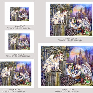 May include: A watercolor painting of two winged gargoyles perched on a rooftop. One gargoyle is painting a portrait of the other gargoyle. The painting is set against a backdrop of a city skyline at night. The moon is visible in the sky.
