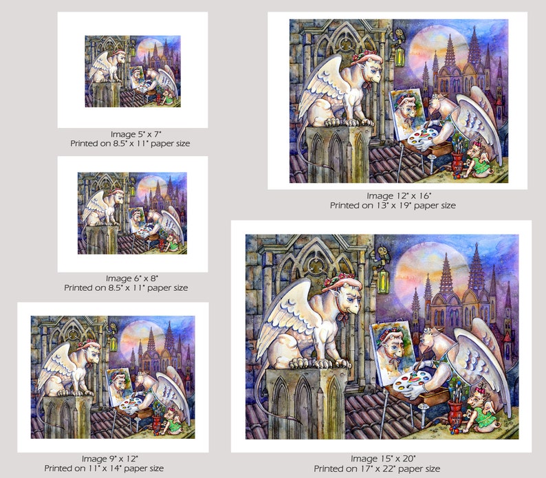 May include: A watercolor painting of two winged gargoyles perched on a rooftop. One gargoyle is painting a portrait of the other gargoyle. The painting is set against a backdrop of a city skyline at night. The moon is visible in the sky.