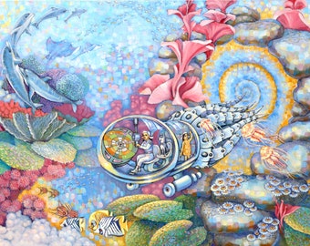 May include: A colorful painting of a submarine traveling through an underwater world. The submarine is silver and has a large circular window. Inside the submarine, a person is driving and a child is looking out the window. The submarine is surrounded by coral reefs, fish, and jellyfish.