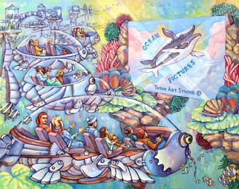 May include: A colorful painting of a futuristic underwater scene with people riding in fish-shaped vehicles. The vehicles are transparent and have large, round windows. The painting is set against a backdrop of coral reefs, seaweed, and a sign that reads "Ocean Pictures, Turan Art Studio".