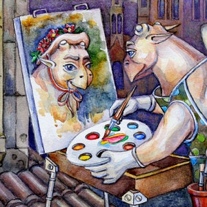May include: A winged creature with a paintbrush in its hand, painting a portrait of a creature with a flower crown on a canvas easel. The creature is using a palette with various colors of paint.