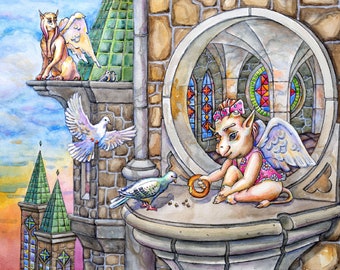 May include: A watercolor painting of a winged creature with a pink dress and a bow in its hair, sitting on a stone ledge and offering a donut to a dove. The creature is looking at the dove, which is perched on the ledge. The background is a stone tower with stained glass windows.