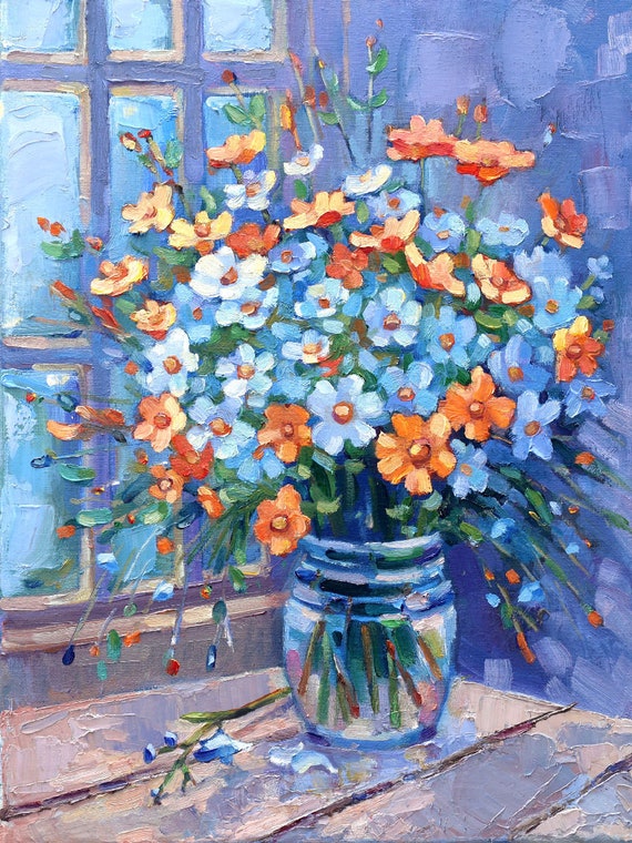Daisies flower painting, Colorful flowers, Wall art, Print of original oil painting, Home decor, Cute gift for woman