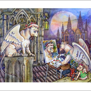 May include: A white winged creature with a red flower crown sits on a stone ledge, while another winged creature paints a portrait of the first creature on a canvas. The painting is set up on an easel with a palette of paints and brushes. A small winged creature with a red flower crown watches the artist.