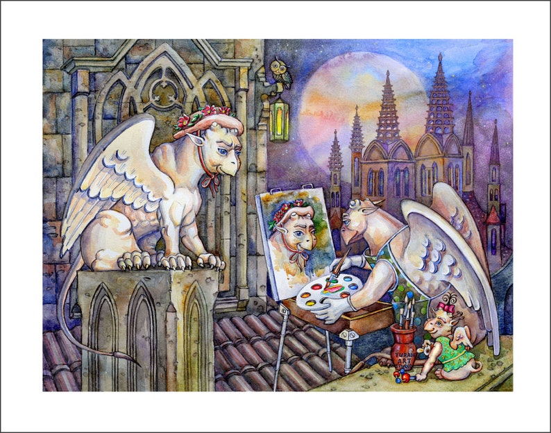 May include: A white winged creature with a red flower crown sits on a stone ledge, while another winged creature paints a portrait of the first creature on a canvas. The painting is set up on an easel with a palette of paints and brushes. A small winged creature with a red flower crown watches the artist.