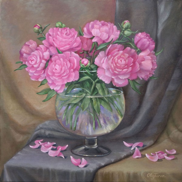 Pink peonies Wall art Print from original oil painting Pink flowers in glass vase Home decor