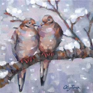 Pigeon couple, Wall art, Art print from original oil painting, Bird Family,  Cute birds, Home decor, Two Pigeon birds in a snowy tree