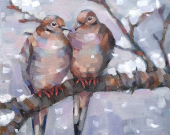 Pigeon couple, Wall art, Art print from original oil painting, Bird Family,  Cute birds, Home decor, Two Pigeon birds in a snowy tree