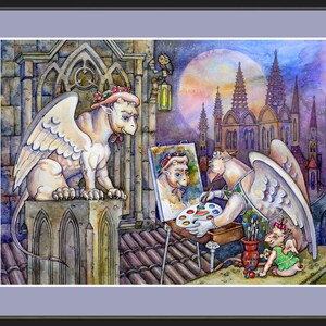 May include: A watercolor painting of a white griffin wearing a flower crown, painting a portrait of another griffin. The griffin is standing on a rooftop with a cityscape in the background. A small griffin is watching the artist.