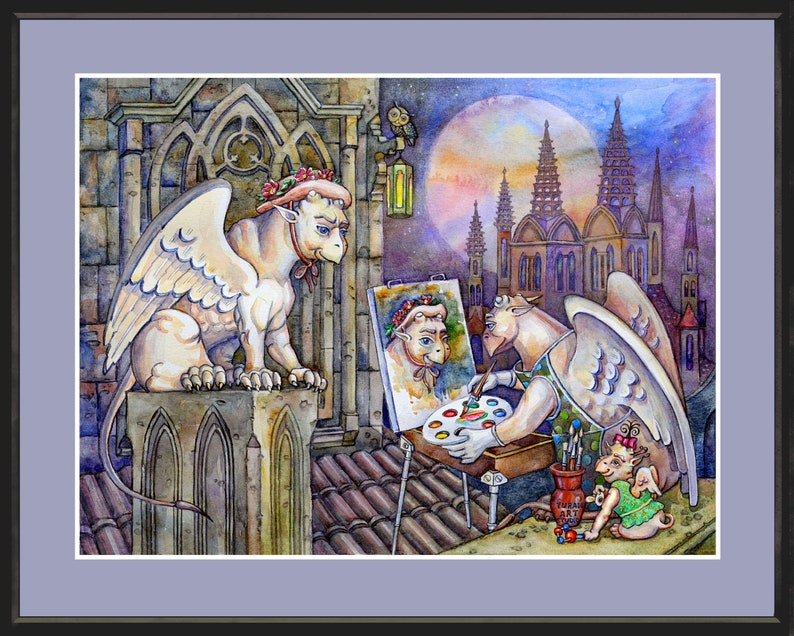 May include: A watercolor painting of a white griffin wearing a flower crown, painting a portrait of another griffin. The griffin is standing on a rooftop with a cityscape in the background. A small griffin is watching the artist.