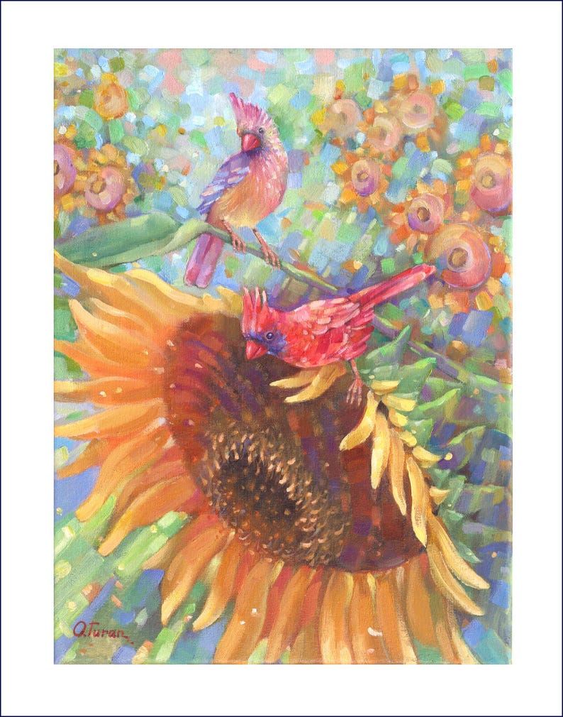 May include: A painting of two red cardinals perched on a sunflower. The sunflower is in bloom and has a bright yellow center. The background is a blur of colorful flowers.
