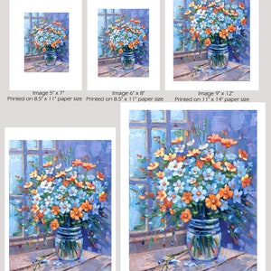 May include: A painting of a bouquet of blue and orange flowers in a glass vase on a wooden table. The flowers are in front of a window with a view of a blue sky. The painting is done in a realistic style with visible brushstrokes.