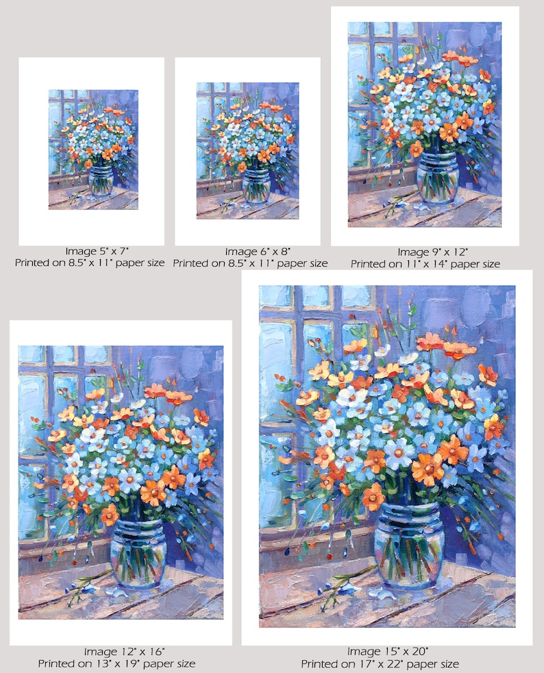 May include: A painting of a bouquet of blue and orange flowers in a glass vase on a wooden table. The flowers are in front of a window with a view of a blue sky. The painting is done in a realistic style with visible brushstrokes.