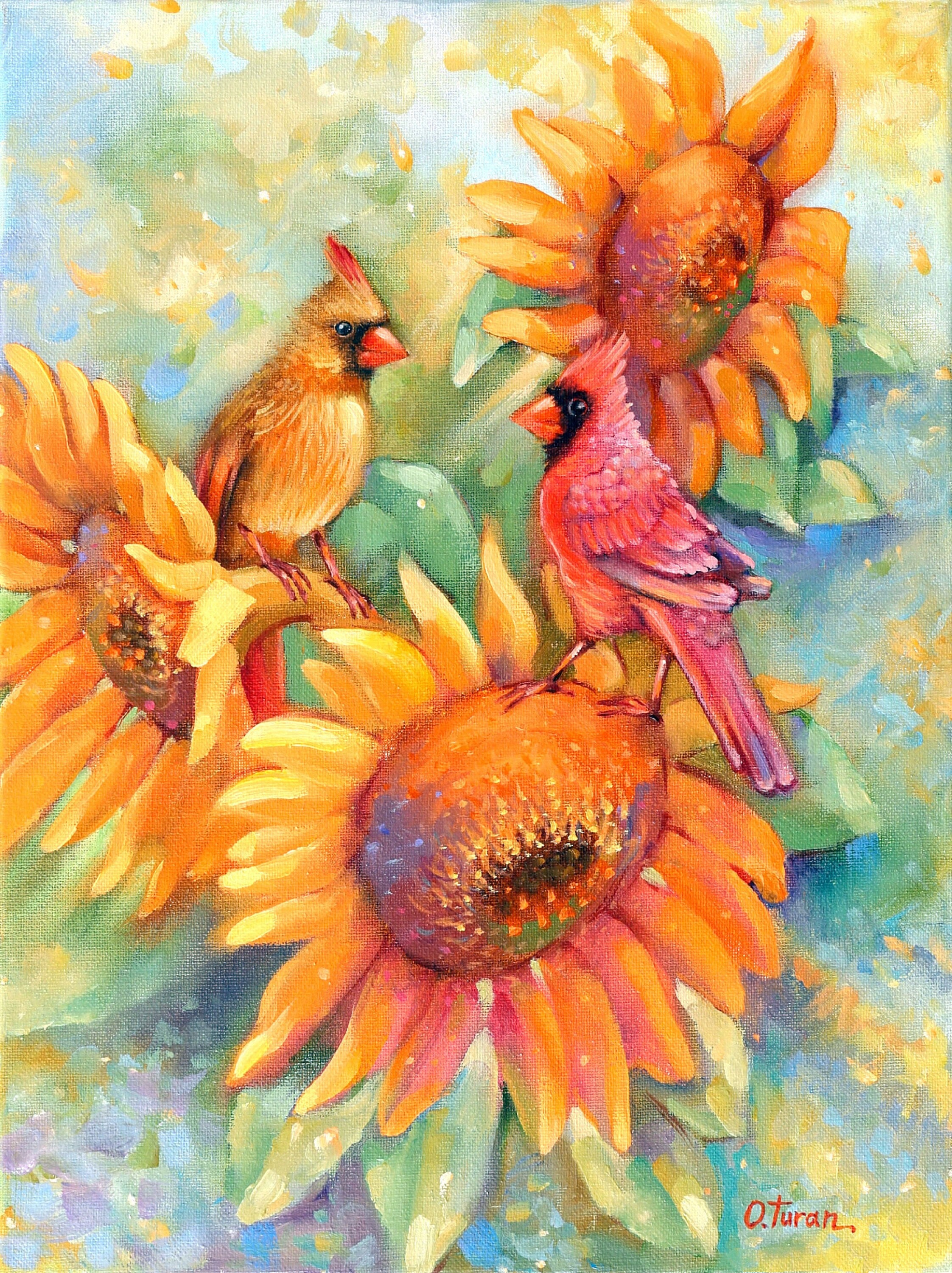Sunflowers and Cardinals, Cardinal Couple, Bird Family, Oil