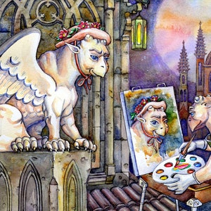 May include: A white gargoyle with a red flower crown sits on a stone ledge, while another gargoyle paints a portrait of the first gargoyle on a canvas.