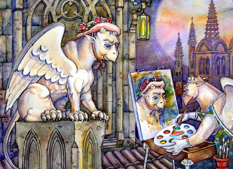 May include: A white gargoyle with a red flower crown sits on a stone ledge, while another gargoyle paints a portrait of the first gargoyle on a canvas.