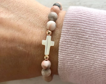 Pearl Cross Bracelet: 14k Rose Gold, Jasper Gemstone Christian Jewelry
