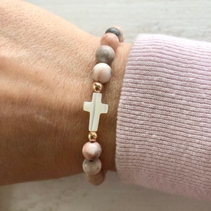 Pearl Cross & 14k Rose Gold Gemstone Bracelet | Christian Jewelry Gift | Gift for Her | Cross Bracelet