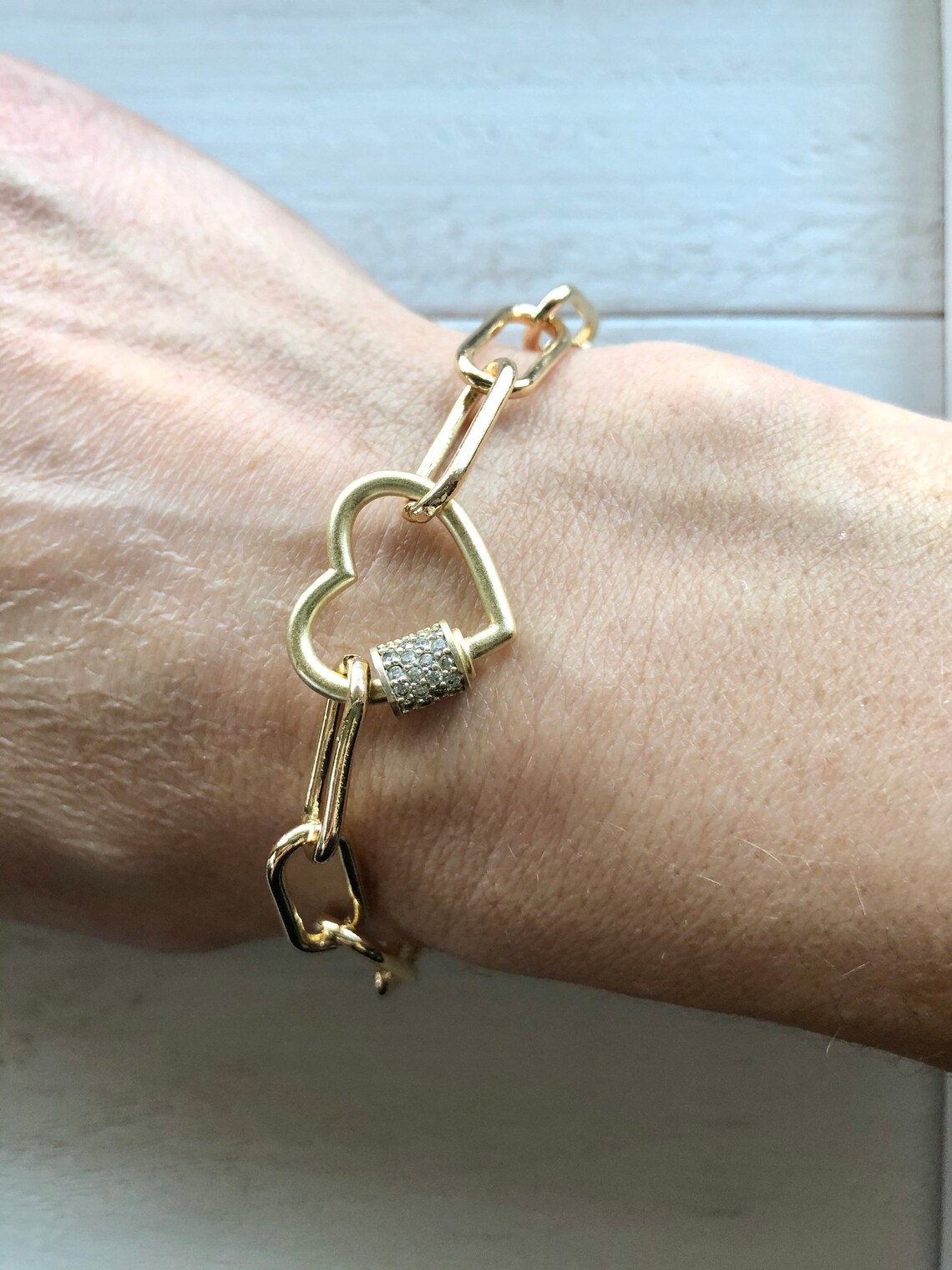 18k Gold Paperclip Heart Link Bracelet Gift for Her Etsy