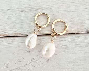 14k Gold Filled Pearl Huggie Earrings | Gift for Her | Baroque Pearl Earrings | Pearl Earrings