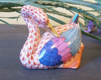 Herend Hungary Porcelaine Small Swan Figurine in Rust and 24k Gold Detail / scully & scully / blue wing / orange