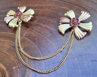 Vintage Flower Sweater Pins with Ruby Rhinestone Center