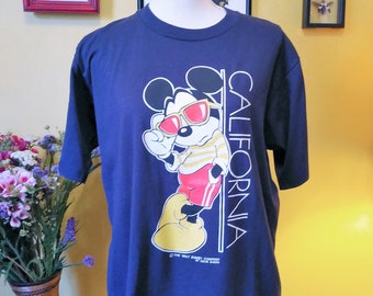 Vintage 80' s Califonia Mickey Mouse T-Shirt / Walt Disney Company / cool / Velva Sheen / Sunglesses / Navy Blue / 50/50 / size L