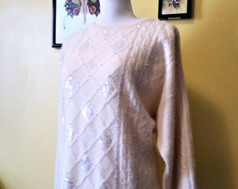 Vintage 80's Angora Wool Sweater with Sequins and Pearls - Size XL