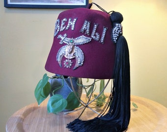Vintage Fez Shriner Hat with Extra Long Tassel and Rhinestones / Ben Ali / Pharaoh / Saber / Size 7 1/4