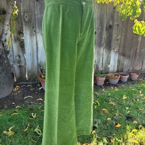 Puede incluir: Pantalones verdes brillantes, de cintura alta y pernera ancha. Los pantalones tienen cierre de bot&oacute;n y parte delantera plisada. La tela tiene una textura suave y aterciopelada. Los pantalones se exhiben en un maniqu&iacute; azul en exteriores.